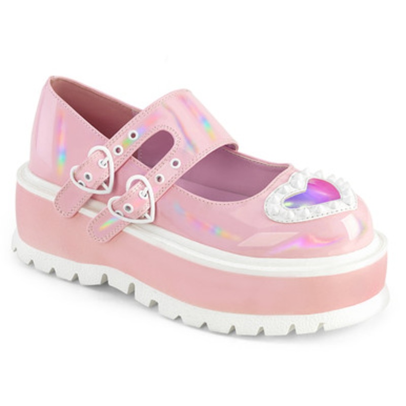 Demonia Slacker Baby Pink Hologram 2" Platform Maryjane 2 Wide