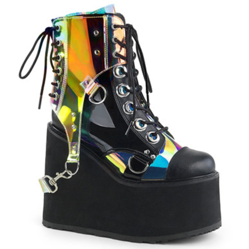Demonia Swing Black Vegan Leather Holographic PVC Boot 2 Wide