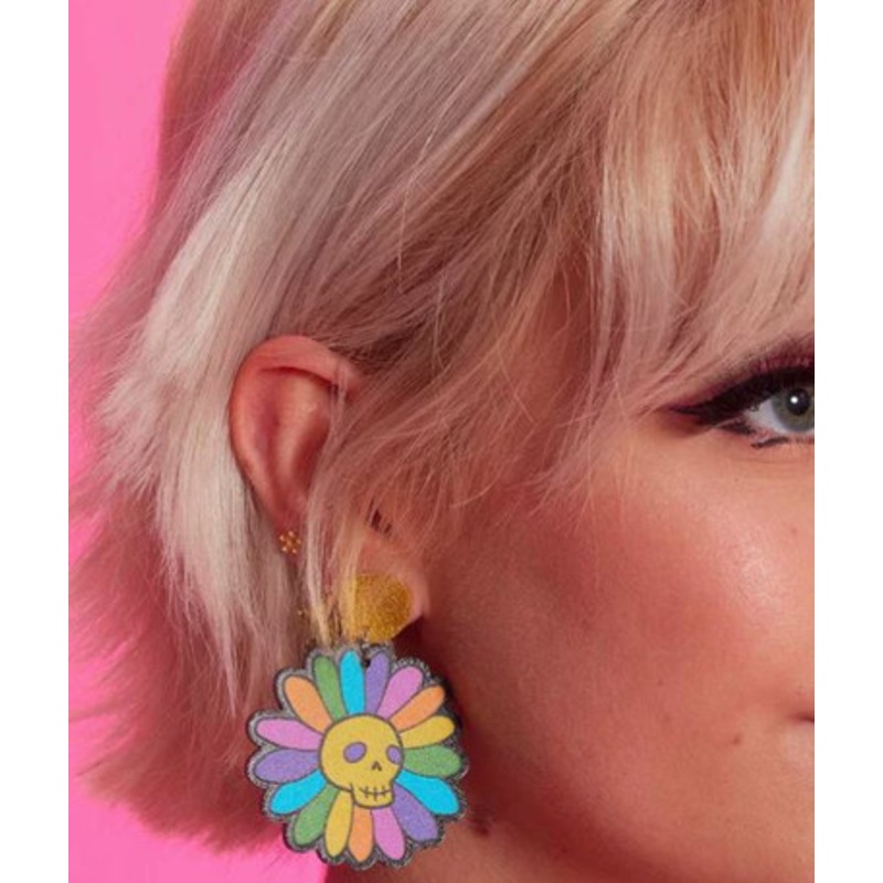 Sourpuss Rainbow Daisy Skull Acrylic Earrings