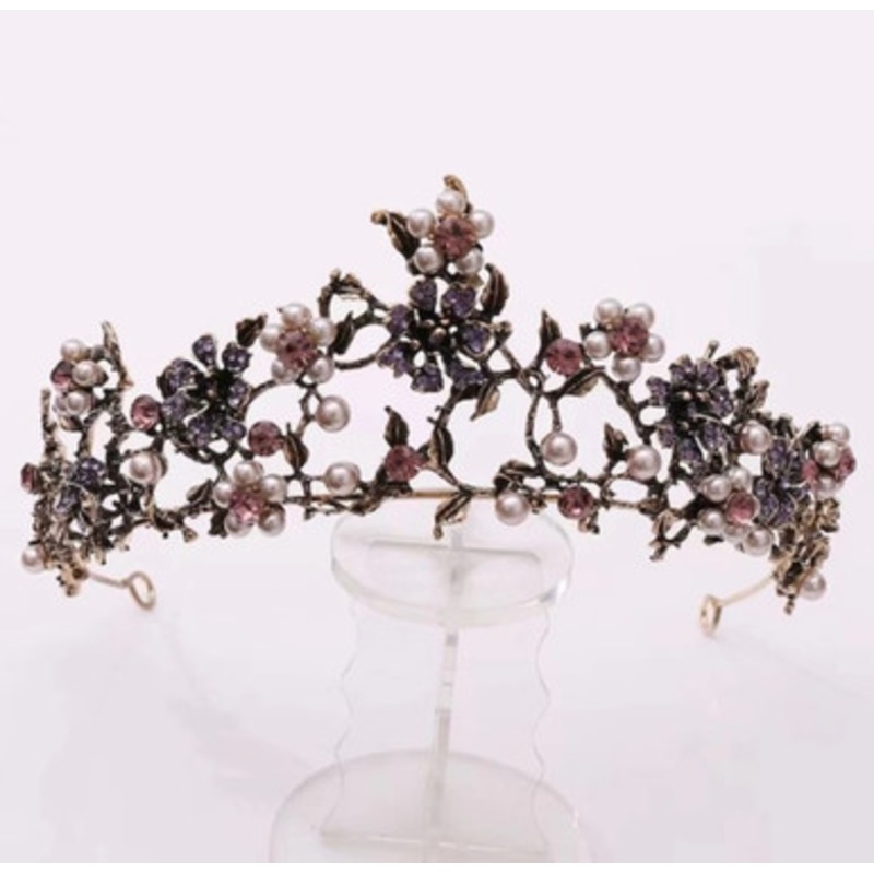 Vintage Gold, Black and Purple Tiara with Crystal Rhinestones and Pearls Gold