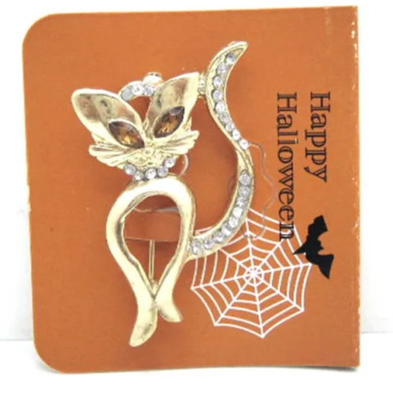 CAT WITH GEMS HALLOWEEN CUTE BROOCH 24 Inch Waist Gold
