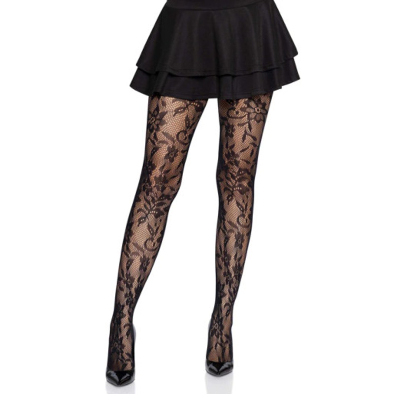 Chantilly Floral Lace Tights Black