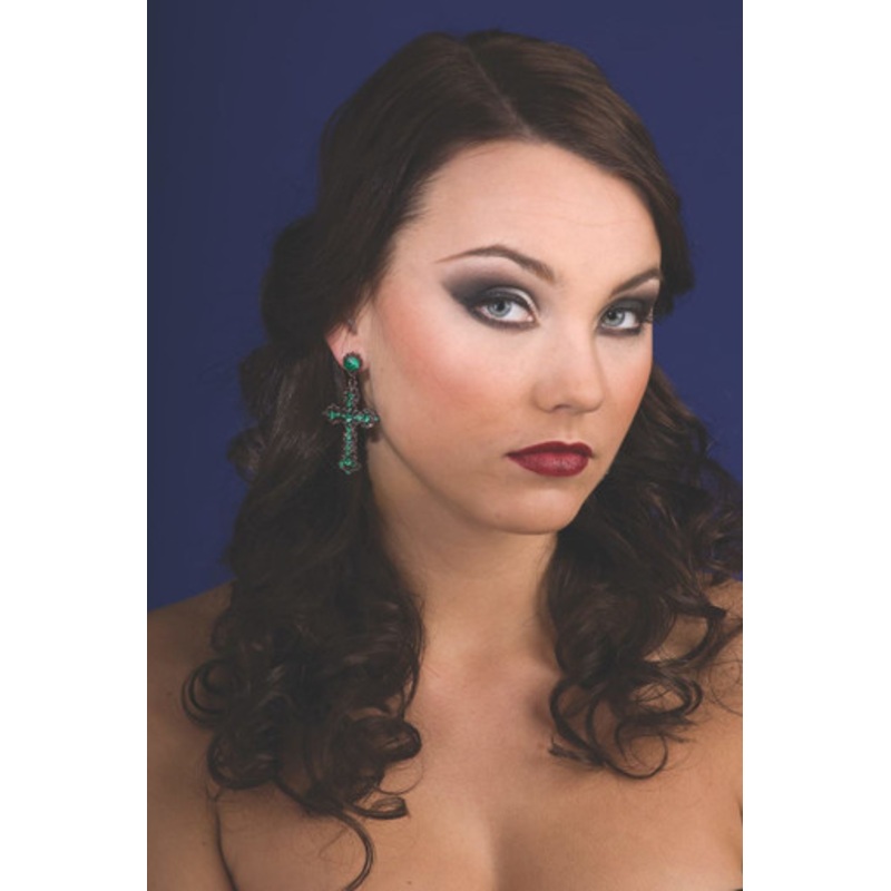 Green Jeweled Cross Earrings