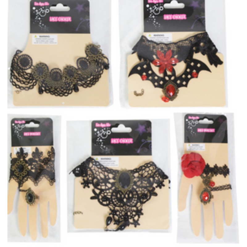 LACE CHOKER OR BRACELET W/RING 5AST. Black