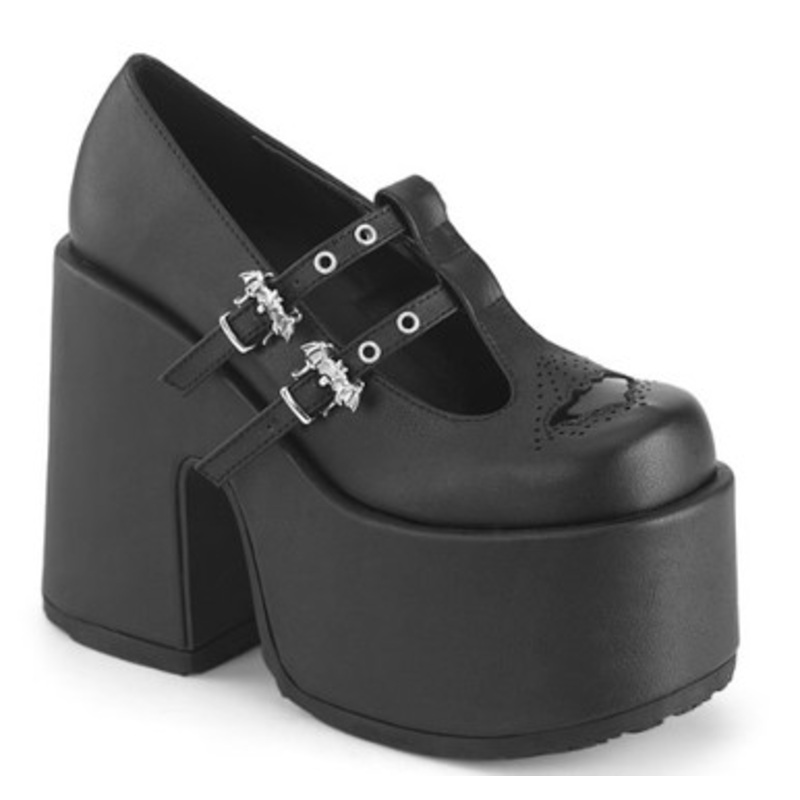 CAMEL-55 Blk Vegan Leather, 5" Chuncky Heel, 3"PF Size 6