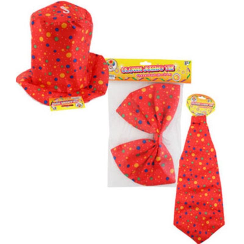 CLOWN COSTUME DRESS-UP ACCESSORIES 3 STYLES JUMBO HAT/BOW/TIE RED W/MULTI COLOR DOTS Multi-colored