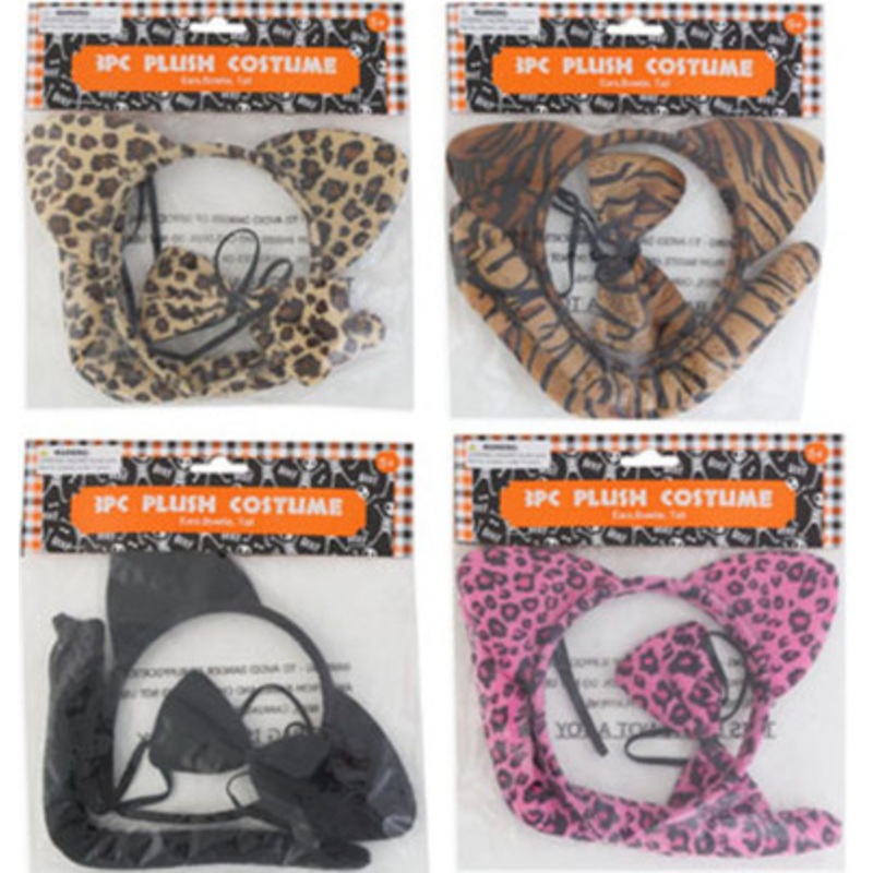 COSTUME ANIMAL SET 3PC PLUSH 4AST EARS HEADBAND/BOWTIE/TAIL Assorted Colors