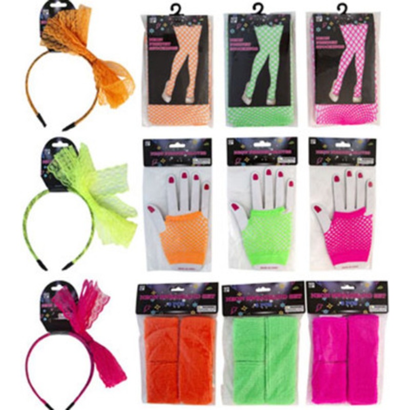 COSTUME PARTY NEON 80S/12ASST BOW HEADBAND/SWEATBAND/FISHNET GLOVES AND STOCKINGS Assorted Colors