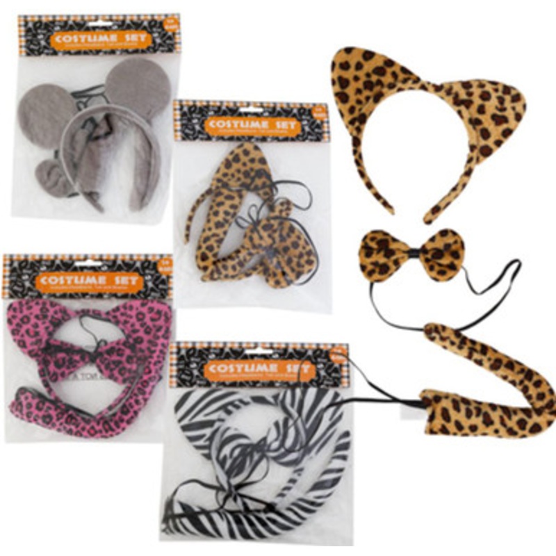 COSTUME SET 3PC 4AST STYLES HEADBAND/TAIL/BOWTIE HLWN Assorted Colors