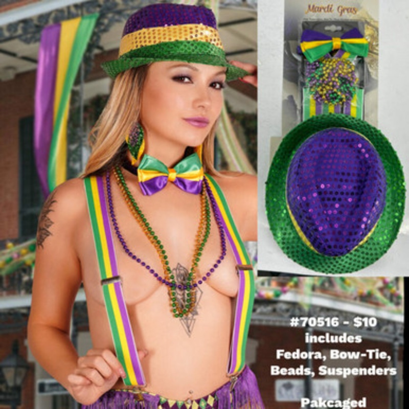 Mardi Gras kit-M (hat, bow tie, suspenders, beads) Multiple Colors One Size Fits Most