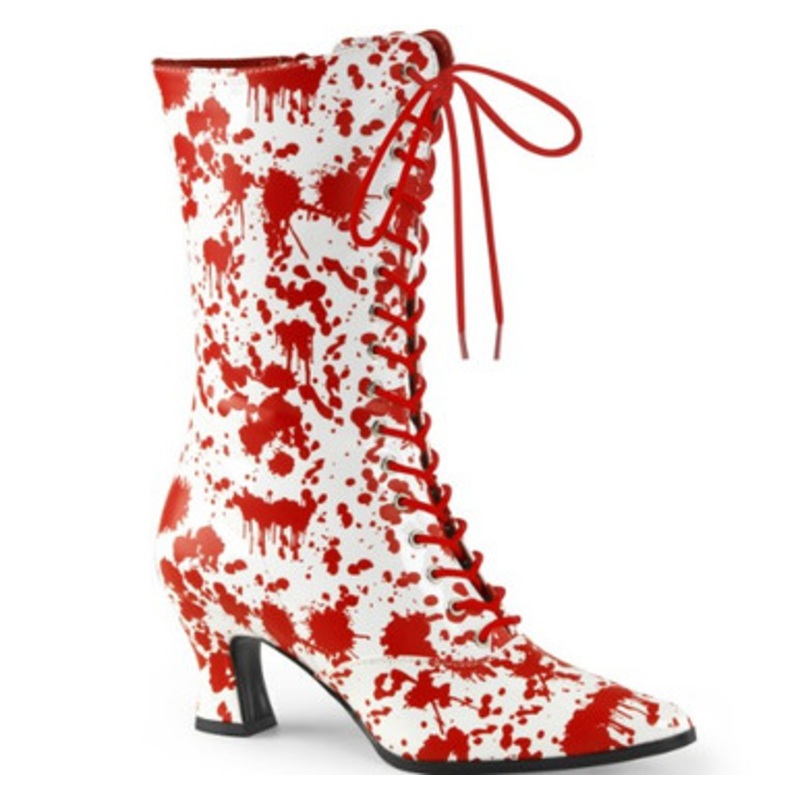 Pleaser VICTORIAN-120BL 2 3/4 Inch Heel, Front Lace Up Mid-Calf Boot White and Red Size 6