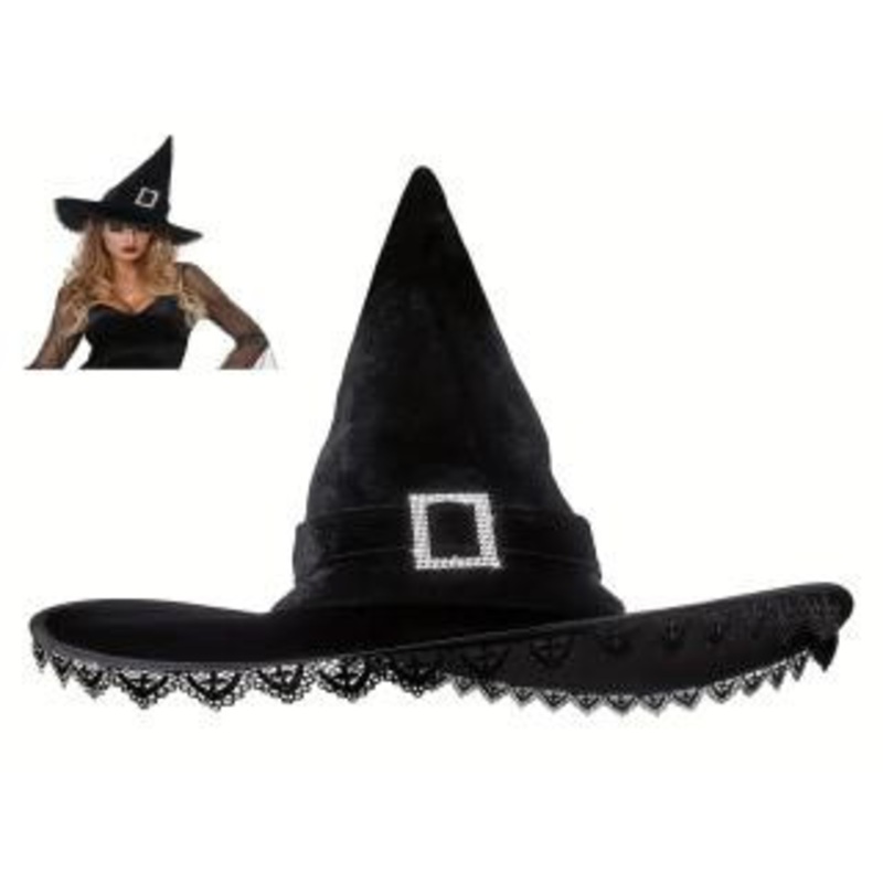 Witch Hat with Delicate Lace Trim and Square Buckle Black One Size Fits Most