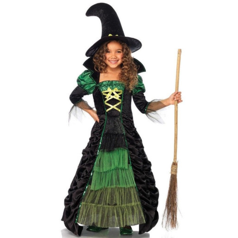 Girl's Storybook Witch Green & Black Dress & Hat Child's Size 4-6