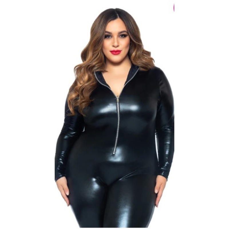 Plus Wet Look Leather Catsuit Women's 1X/2X