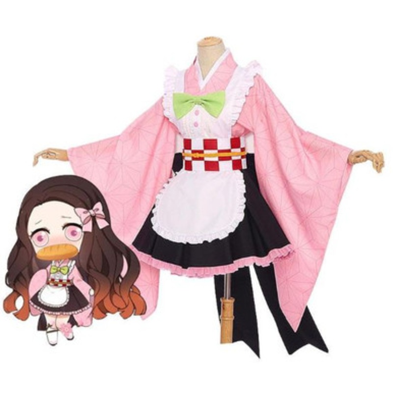 Anime Demon Slayer Kimetsu no Yaiba Nezuko Kamado Kimono Maid Outfit Cosplay Costumes US Size 14
