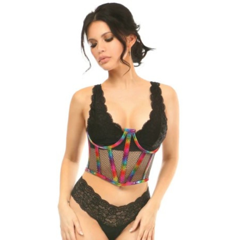 Lavish Rainbow Glitter PVC & Fishnet Underwire Waist Cincher Corset 6X-Large