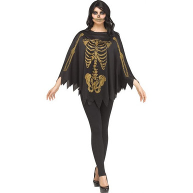 Glitter Skeleton Poncho Adult Gold