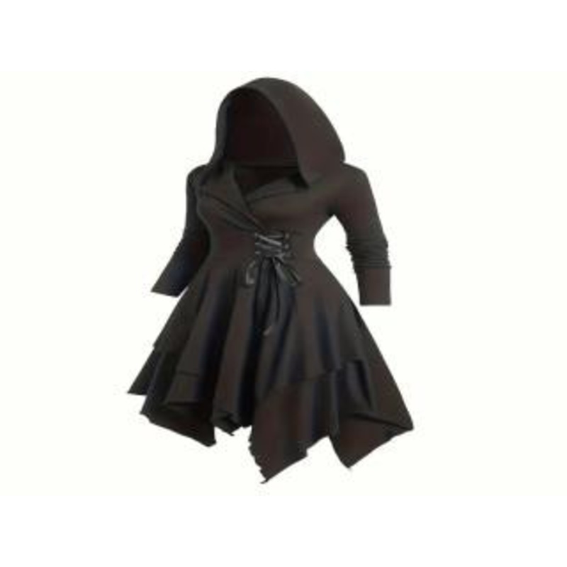 Gothic Hooded Dress with Lace-Up Detail Large Black
