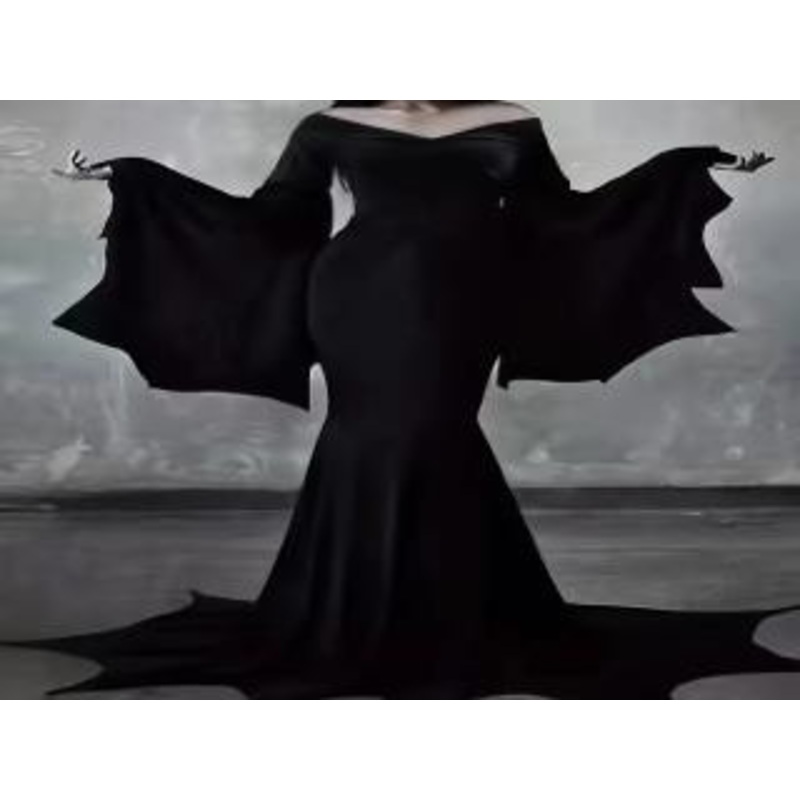 Gothic Off-Shoulder Mermaid Dress with Batwing Sleeves Large Black