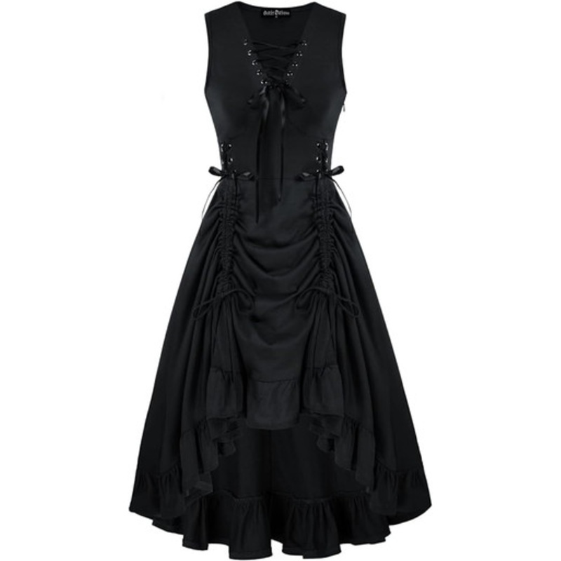 Renaissance Faire Lace Up Ruffled Sleeveless High Low Dress Forest Green Small