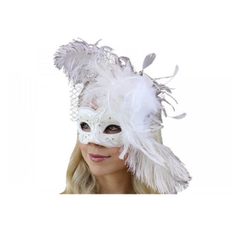 Lace Mask with Feather White