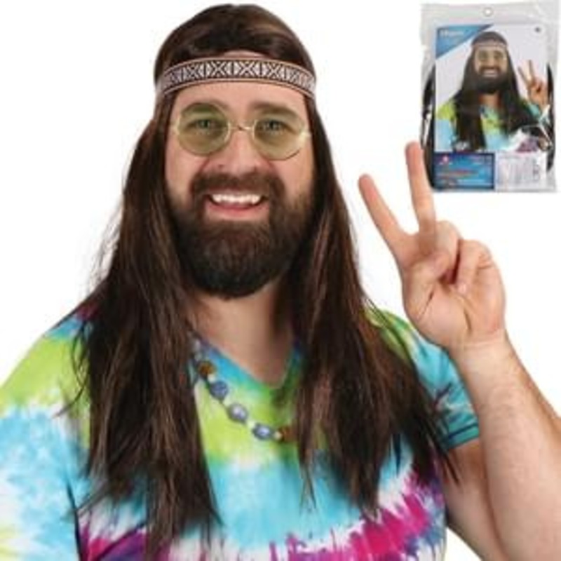 LONG HAIR MALE HIPPIE WIG WITH HEADBAND AND GLASSES Black/Gold