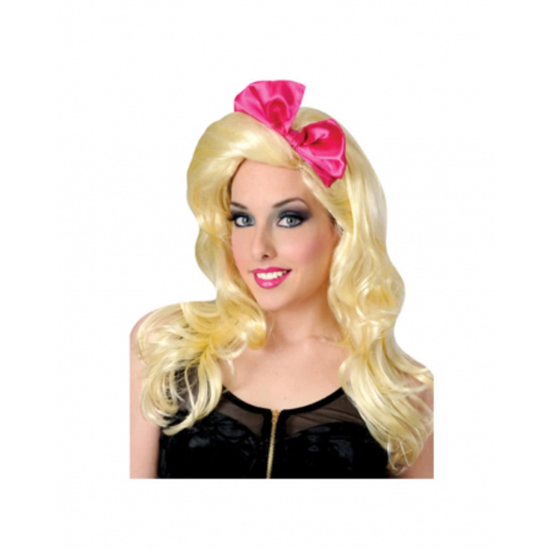 80s Pop Star Wig With Pink Bow
