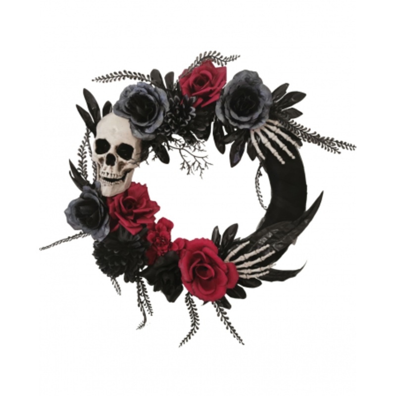Gothic Door Wreath With Roses, Skull & Skeleton Hands