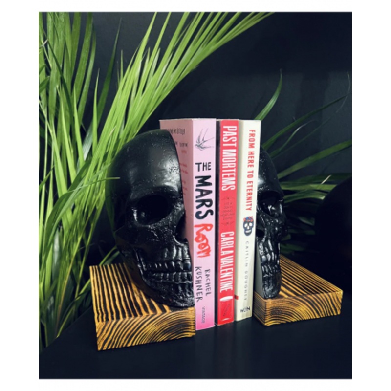 Skull Bookends With Wooden Base