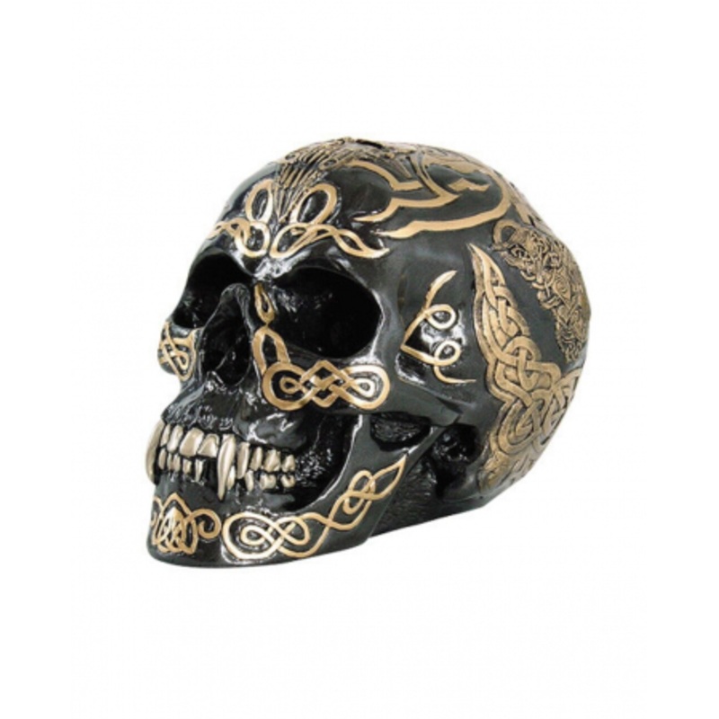 Black Celtic Skull With Golden Tribals 20cm