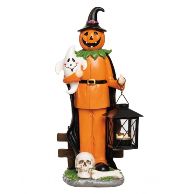Spooky Tea Light Holder Pumpkin With Ghost & Lantern 37cm