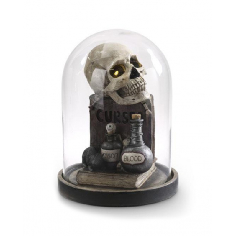 Glass Bell With Glowing Skull & Magic Books 31cm