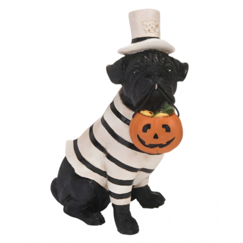 Halloween Pug With Pumpkin Bucket 13cm