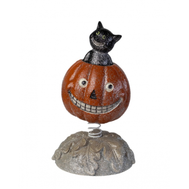 Vintage Halloween Bobble Head Pumpkin With Cat 15cm